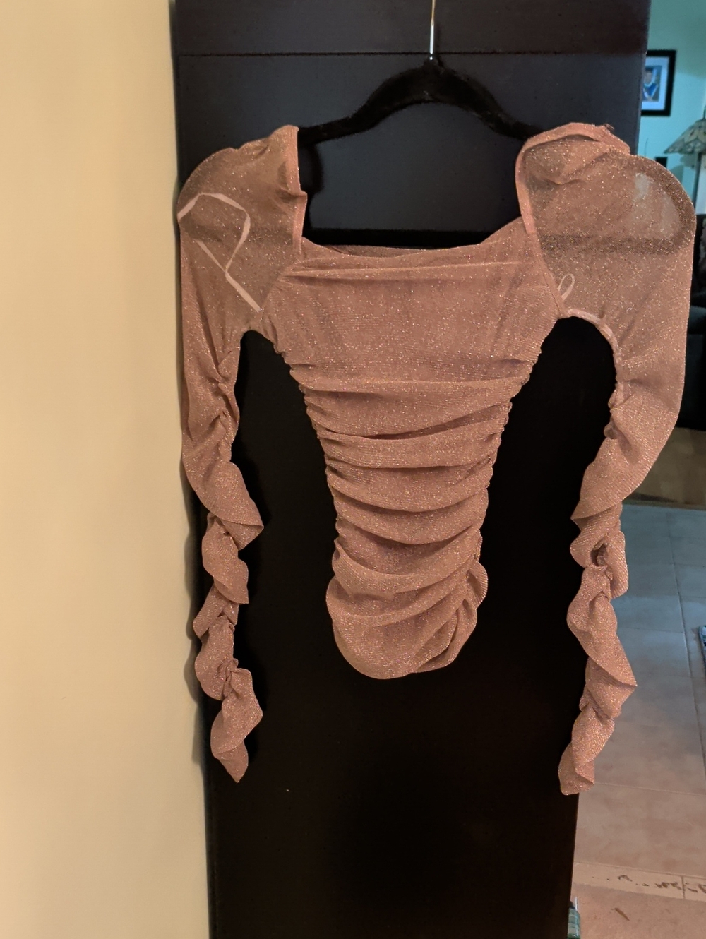 Shimmery Rose Gold Ruched Long-Sleeve Women’s Dress